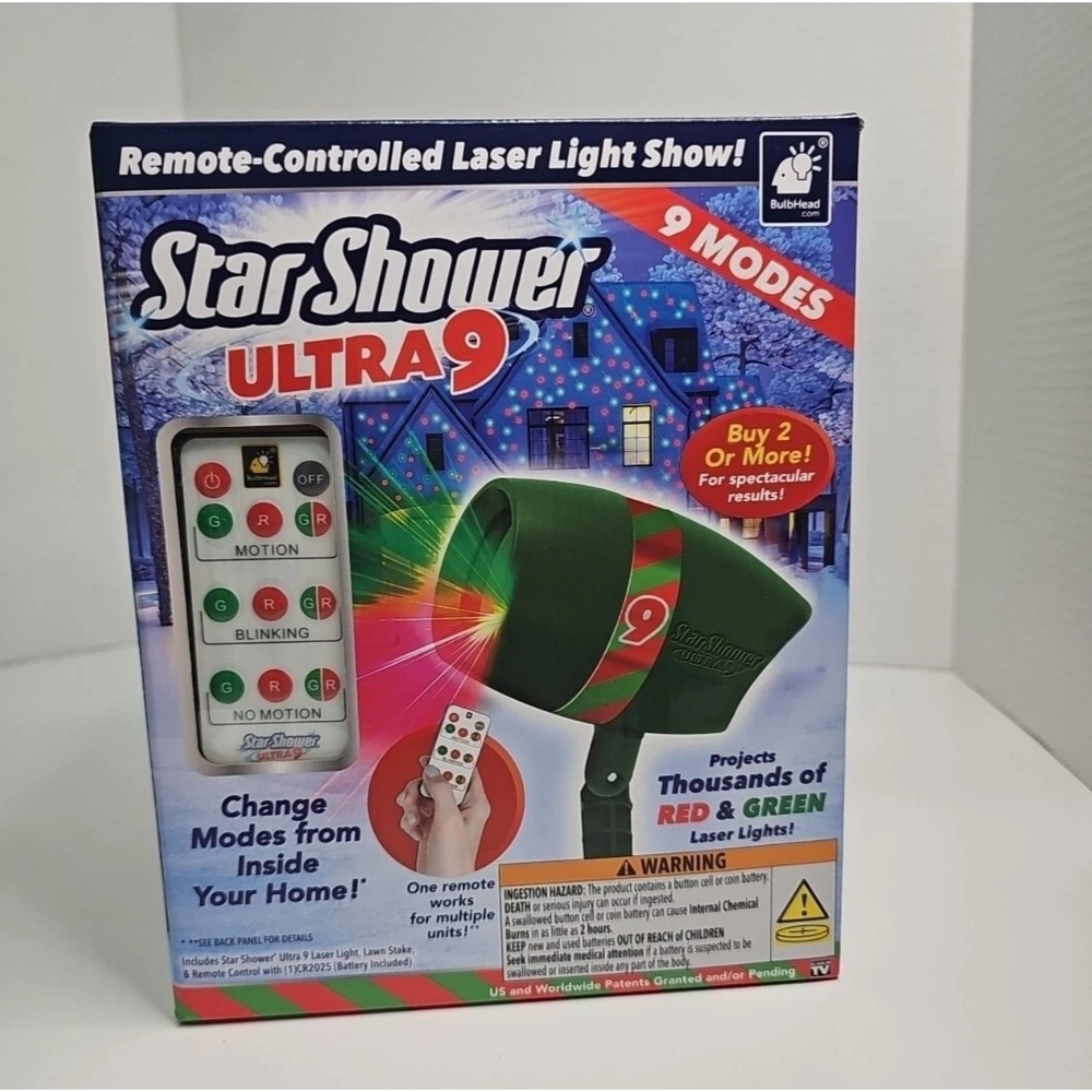 Star Shower Ultra 9 Laser Light Show Remote Control Red Green 9 Modes BulbHead